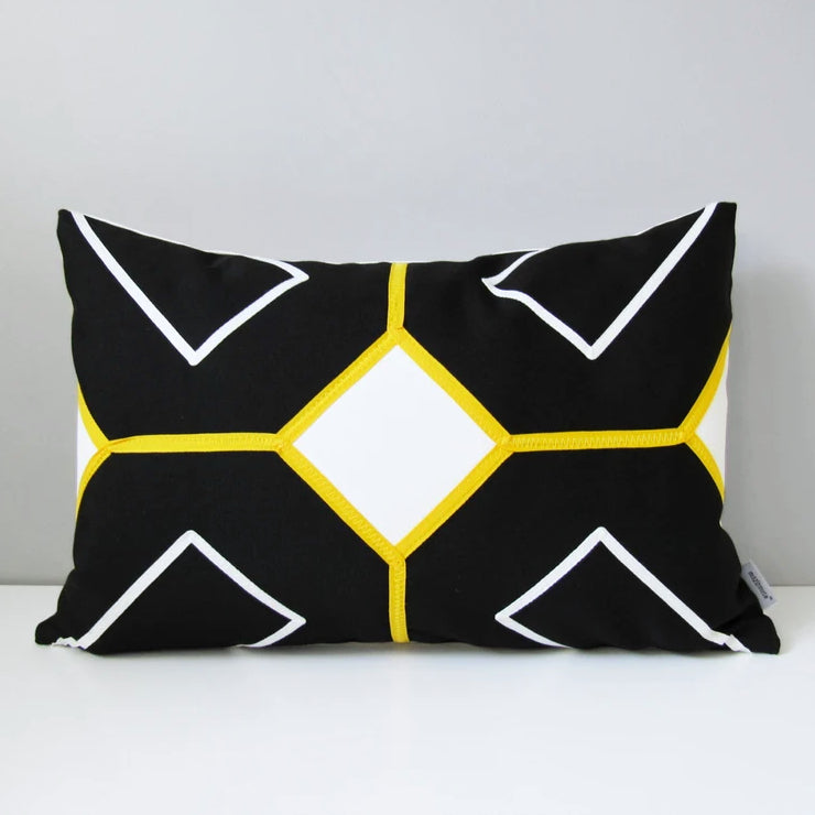 Modern Black & White Sunbrella Outdoor Pillow Cover with Yellow Geometric Trim