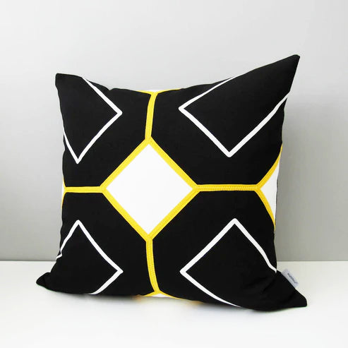 Modern Black & White Sunbrella Outdoor Pillow Cover with Yellow Geometric Trim