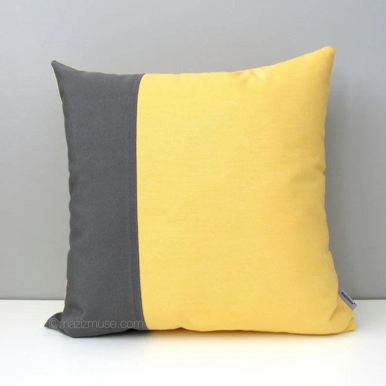 Buttercup Yellow & Grey Sunbrella® Outdoor Pillow Cover, Classic Cushions