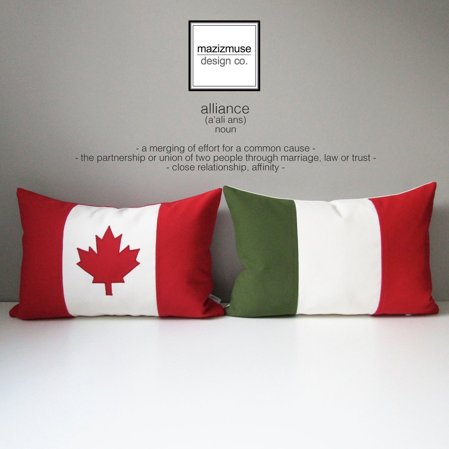 pair of flag pillows showing canada maple leaf and italian flag crafted in sunbrella outdoor fabric