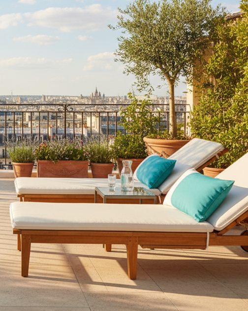 A rooftop terrace with a small rectangular pool, two wooden lounge chairs with white cushions and turquoise pillows, potted trees and plants, and a city view including the Eiffel Tower in the distance under a blue sky.