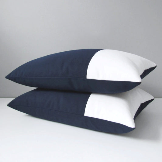 Navy Blue & White Outdoor Sunbrella Pillow Cover, Decorative Color Block Cushion