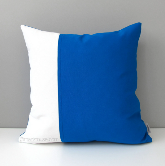 pacific blue and white sunbrella outdoor pillow in modern color block design