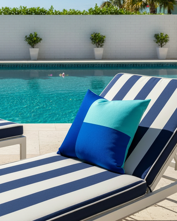 turquoise and royal blue color block pillow on a navy and white pool lounger next to a sparkly aqua pool.
