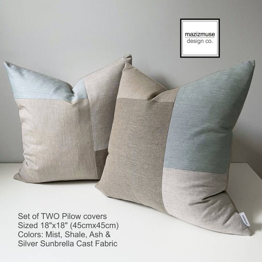 TWO Seaglass Sunbrella® Outdoor Pillow Covers, Green & Beige Cushions