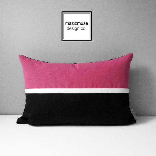 modern hot pink and black outdoor pillow with white trim detail and colorblock design. handmade in canada  by mazizmuse